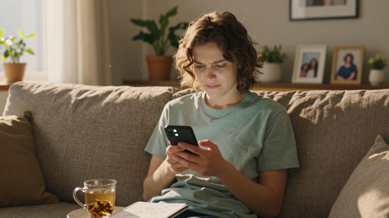 Mulher sentada no sofá a olhar com atenção para o telemóvel, com chá e caderno ao lado.