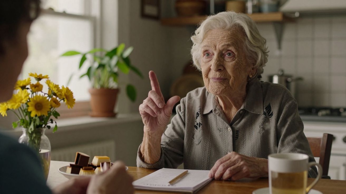 Idosa numa cozinha, sentada à mesa, a falar e a levantar o dedo indicador, com uma revista e chá à sua frente.