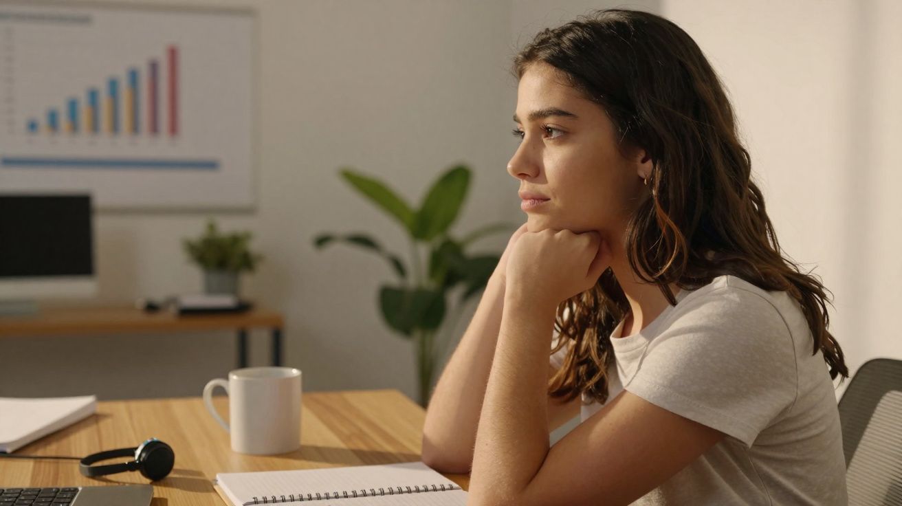 Jovem mulher sentada numa secretária, a olhar pensativa para um gráfico numa parede.