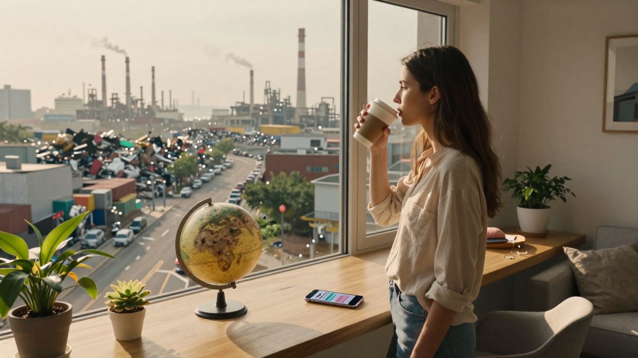 Mulher a beber café junto a janela com vista para indústria e poluição, numa sala com plantas e globo terrestre.