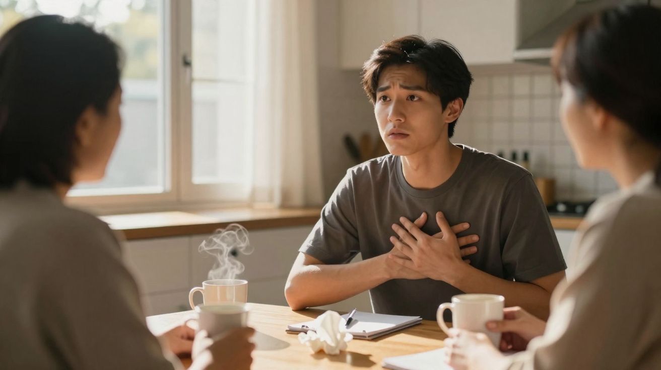 Jovem com ar preocupado conversa com duas pessoas à mesa, segurando o peito, numa cozinha iluminada.