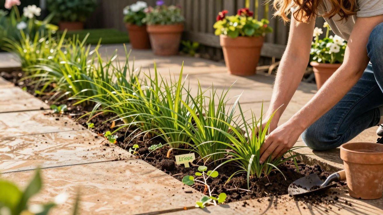 Pessoa a plantar líquido em canteiro de jardim junto a vasos com flores.