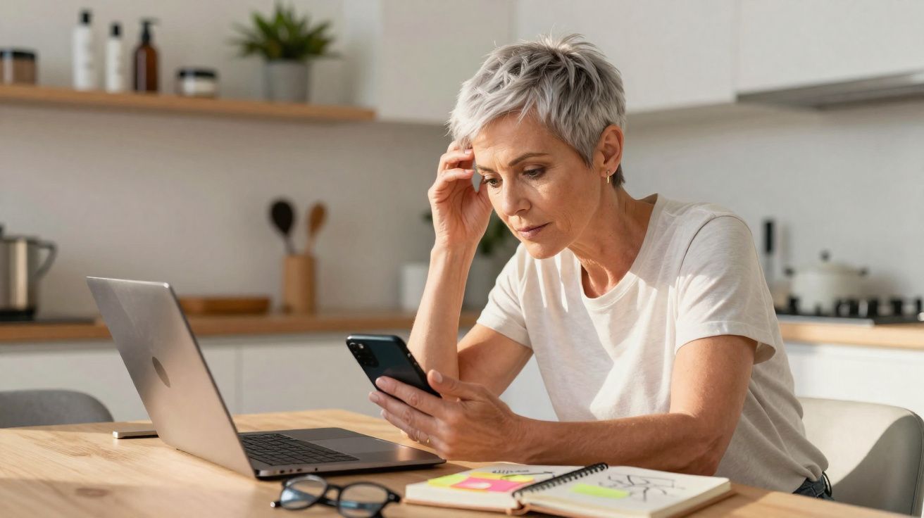 Mulher adulta preocupada usa telemóvel sentada à mesa com portátil e caderno numa cozinha contemporânea.