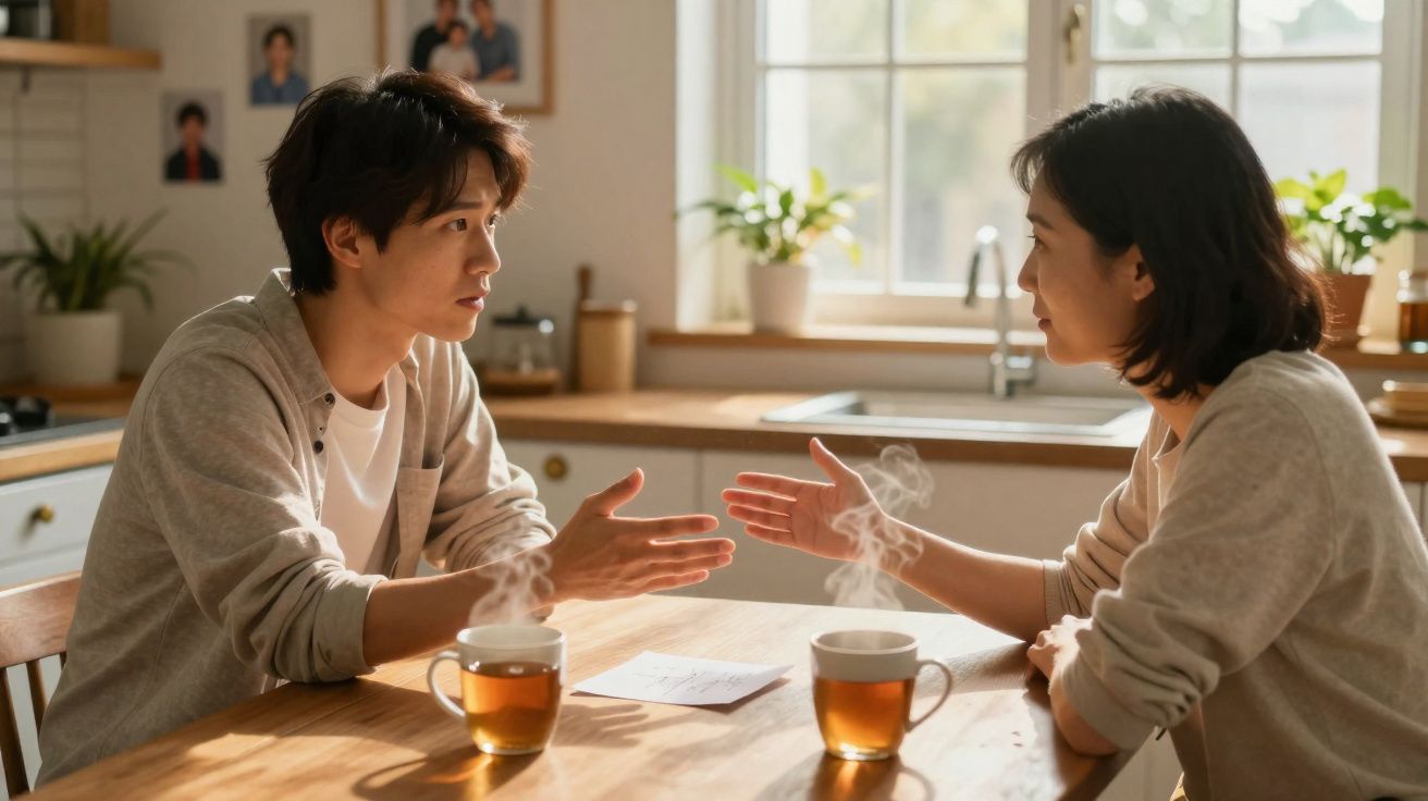 Duas pessoas sentadas à mesa da cozinha a conversar com chá quente em frente a elas.