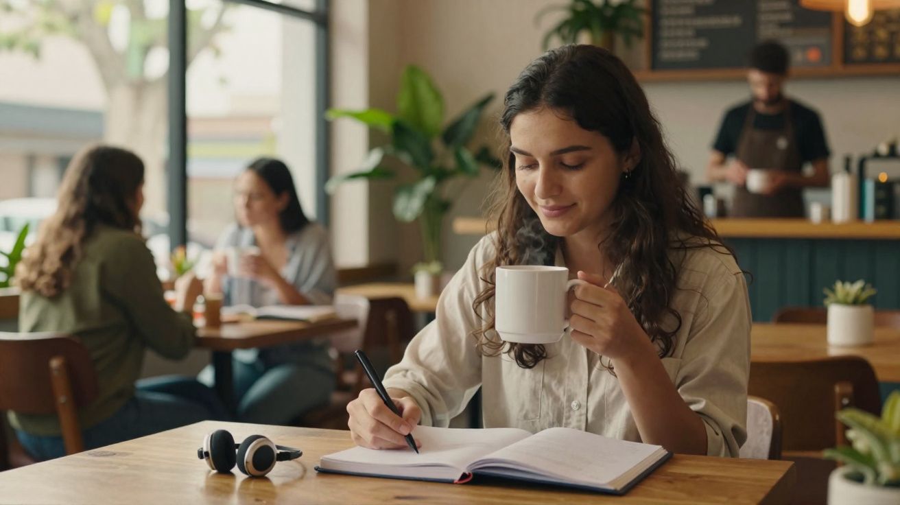 Mulher sentada numa mesa de café, a beber chá e a escrever num caderno aberto.
