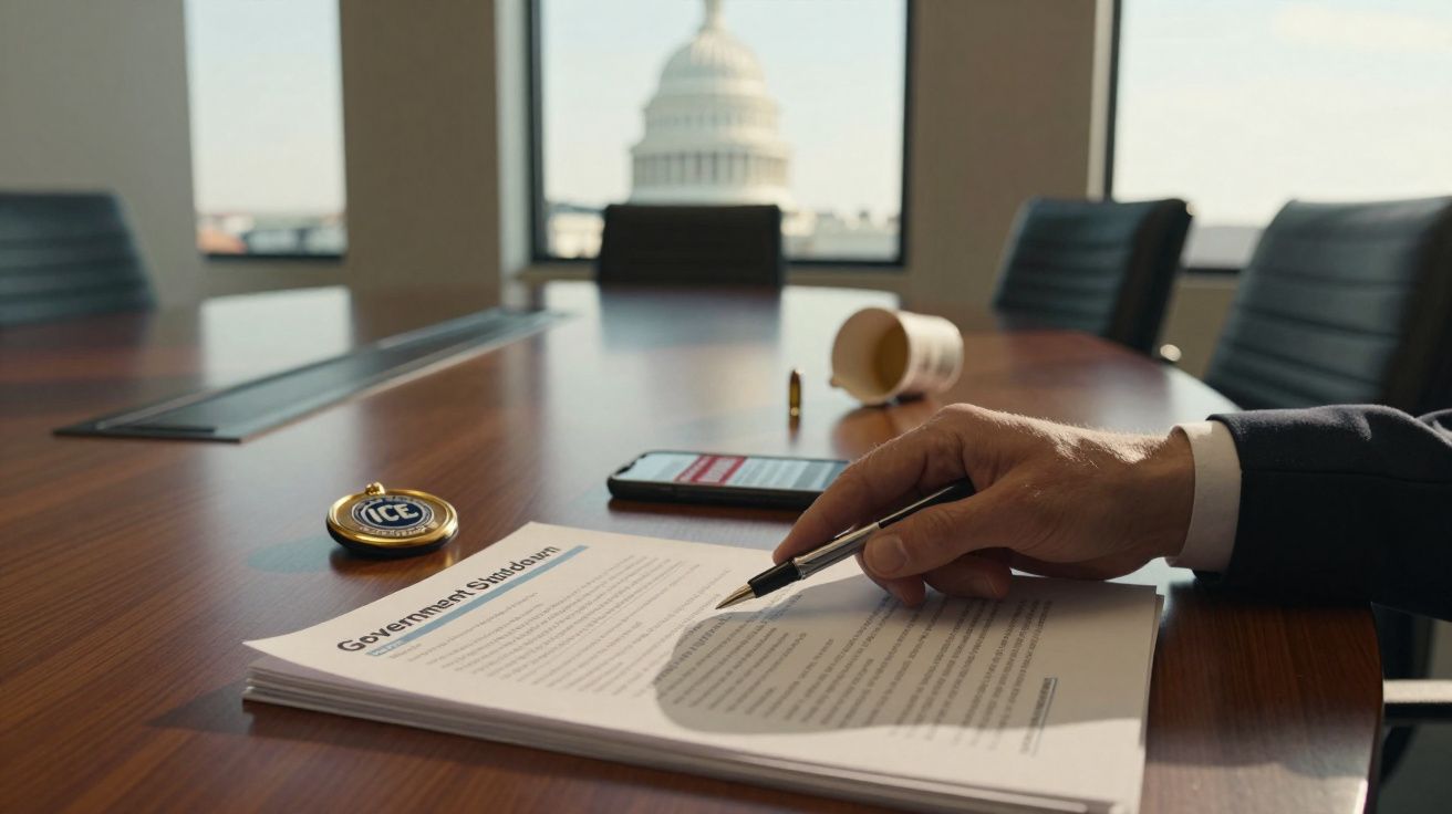Pessoa de fato a apontar documento intitulado Government Shutdown numa mesa de reunião com vista para o Capitólio.