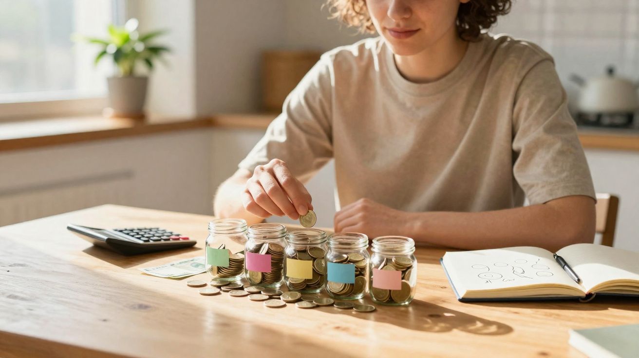 Pessoa a guardar moedas em frascos rotulados numa mesa de madeira com calculadora e caderno aberto.