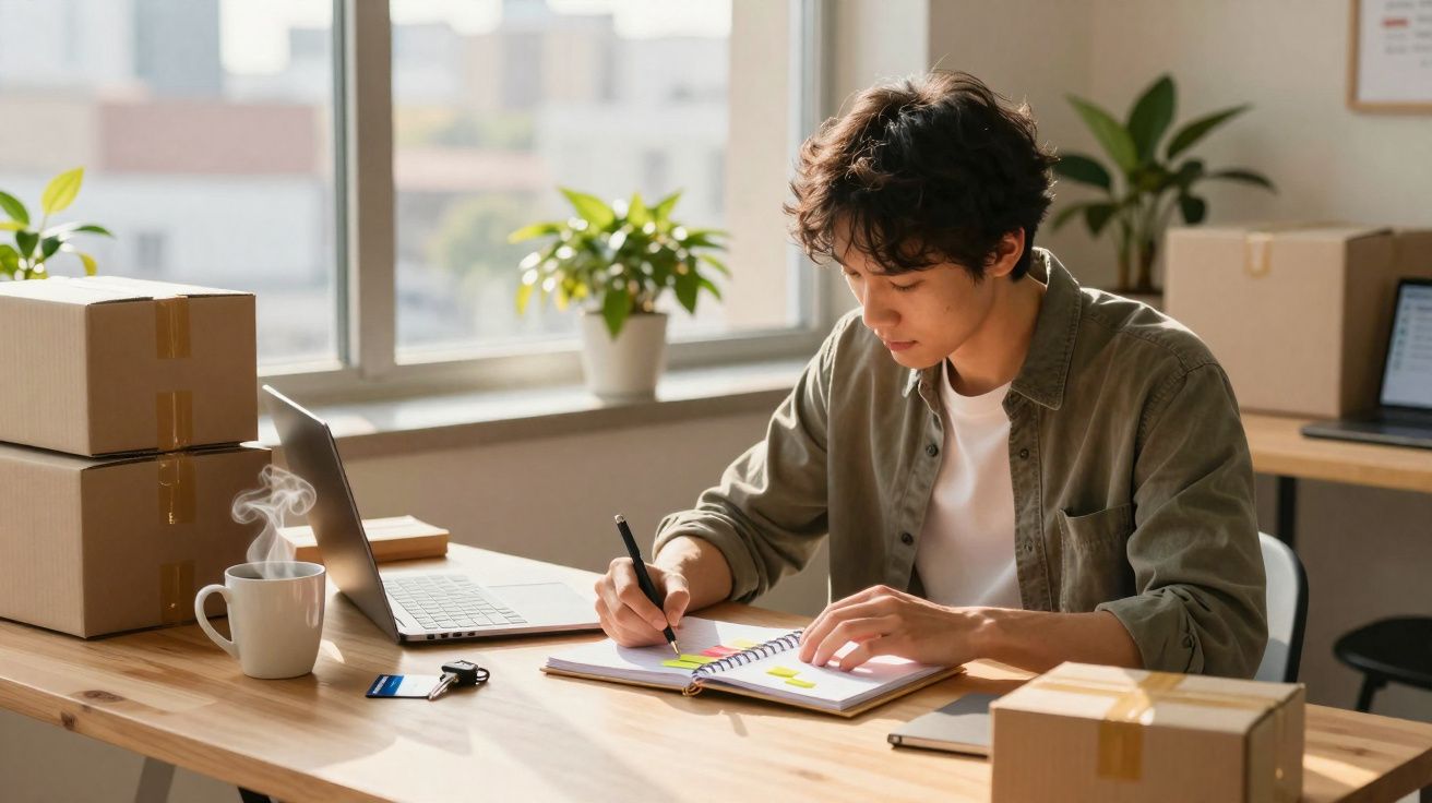 Jovem a escrever num caderno numa mesa com computador, caixas e chávena com vapor à frente.