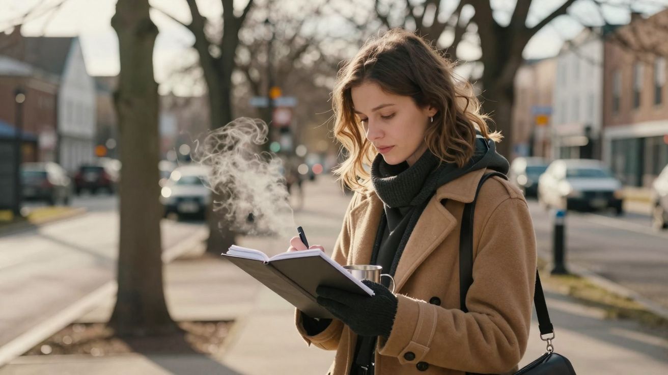 Mulher com casaco bege escreve num caderno ao ar livre segurando uma caneca com vapor quente.