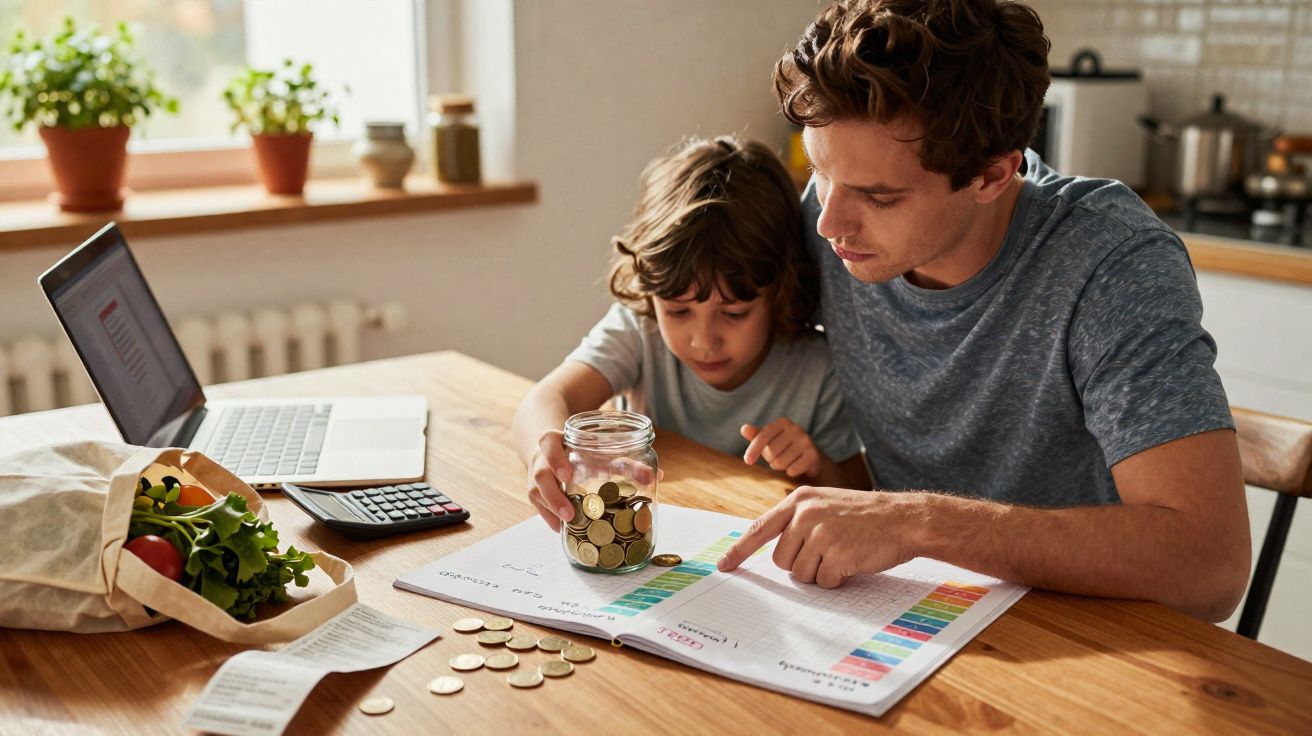 Pai e filho a organizar moedas num mealheiro enquanto analisam orçamento familiar numa folha colorida na cozinha.