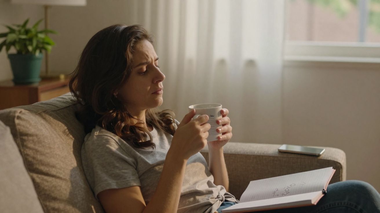 Mulher sentada no sofá a segurar uma chávena e a ler um livro num ambiente luminoso e tranquilo.