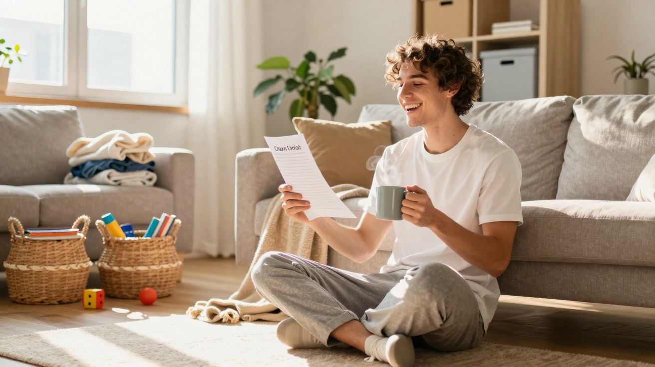 Homem sentado no chão da sala, sorrindo, a ler um papel e a segurar uma caneca.