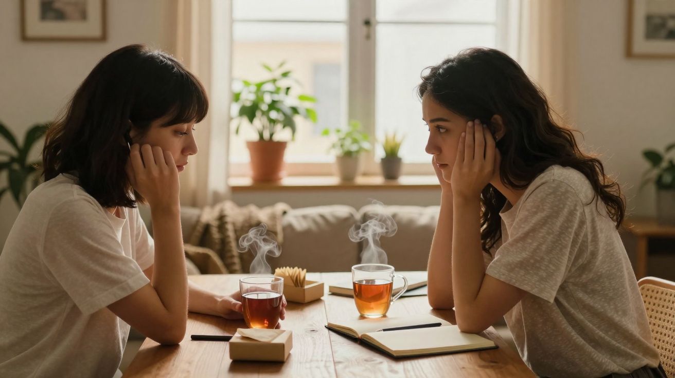 Duas mulheres sentadas à mesa, cada uma com uma chávena de chá quente e um caderno aberto.
