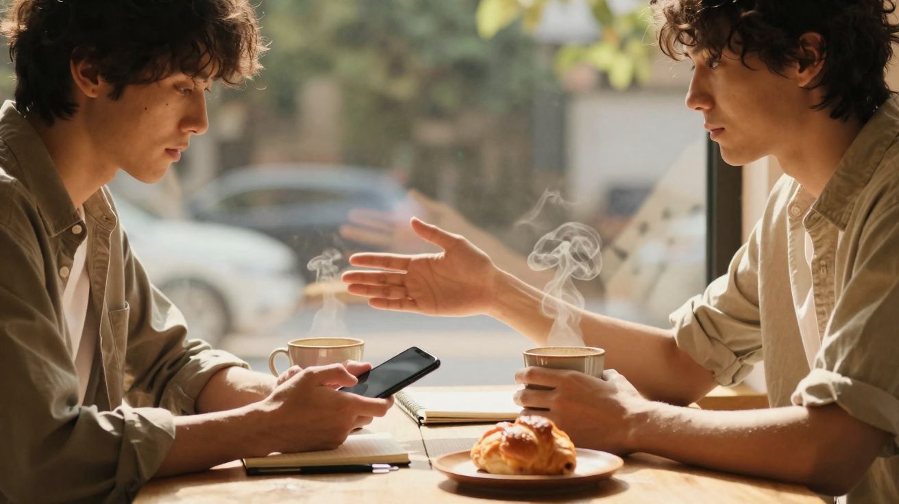 Dois homens sentados à mesa de um café, um a usar telemóvel e outro a gesticular durante conversa.