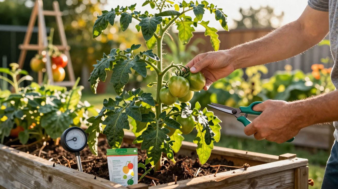 Pessoa a colher tomates verdes num canteiro elevado de madeira num jardim ao entardecer.