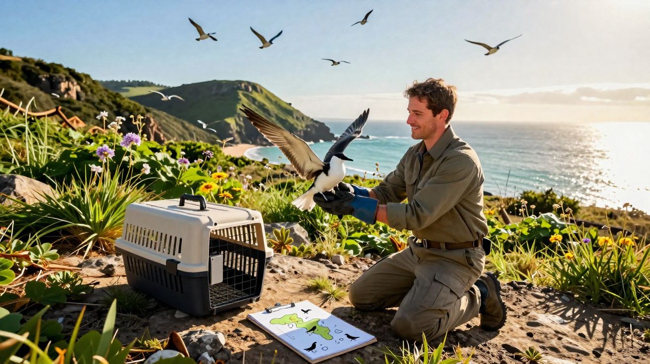 Homem liberta uma ave marinha junto ao mar, rodeado de plantas e gaivotas em voo ao pôr do sol.