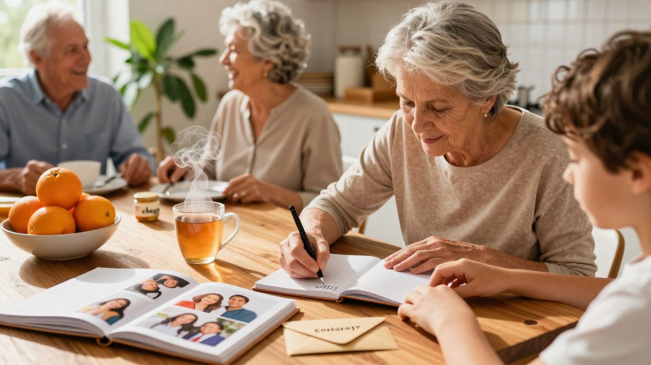 Idosa a escrever num caderno à mesa com um menino, enquanto outras duas pessoas idosas conversam ao fundo.