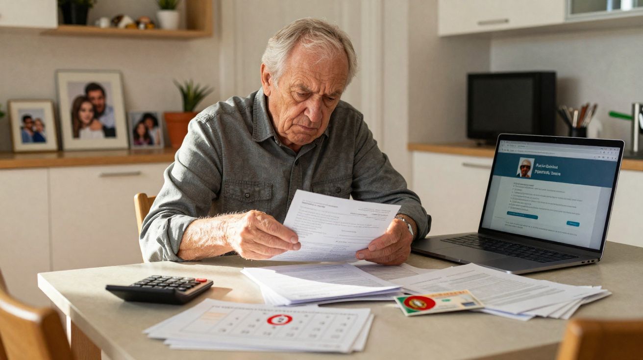 Idoso sentado à mesa a analisar documentos com computador portátil aberto numa página de perfil.