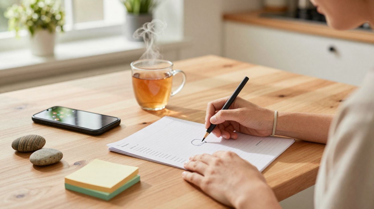 Pessoa a desenhar num caderno, com chá a fumegar, telemóvel, notas e pedras numa mesa de madeira.
