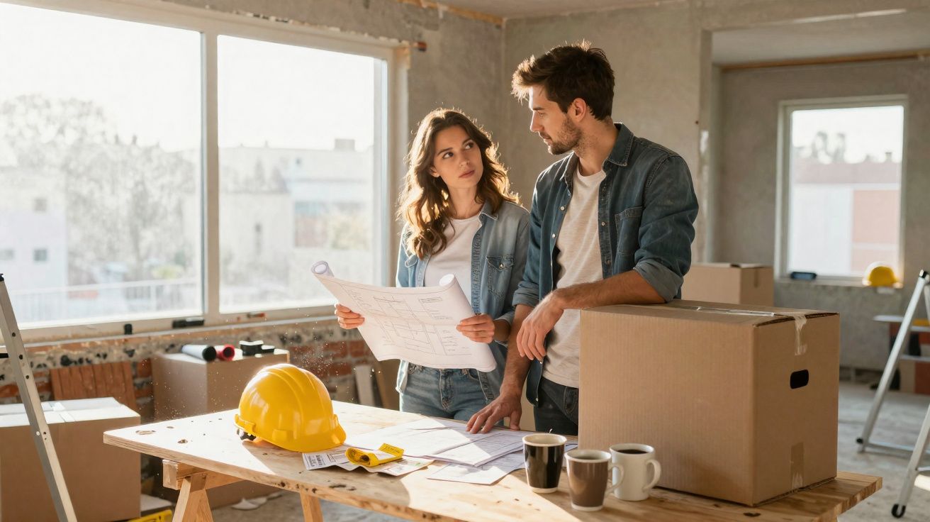 Casal jovem a analisar plantas numa casa em obras com caixa e capacete amarelo sobre a mesa de madeira.