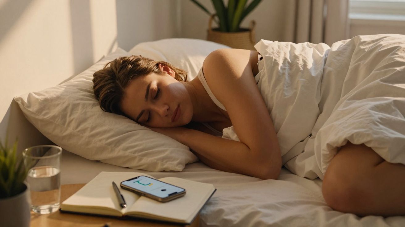 Mulher a dormir de lado na cama, com caderno, telemóvel e copo de água na mesa ao lado.