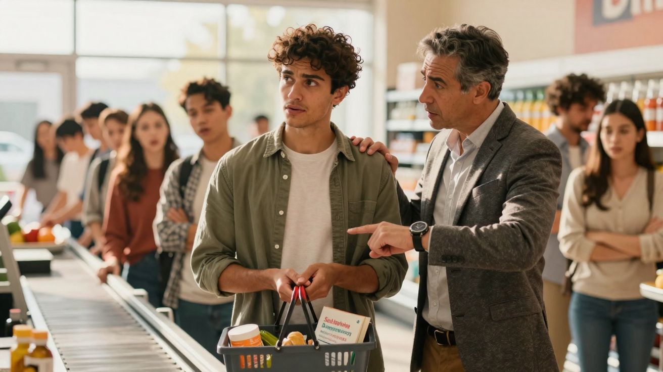 Homem mais velho aconselha jovem com carrinho de compras numa fila de supermercado.