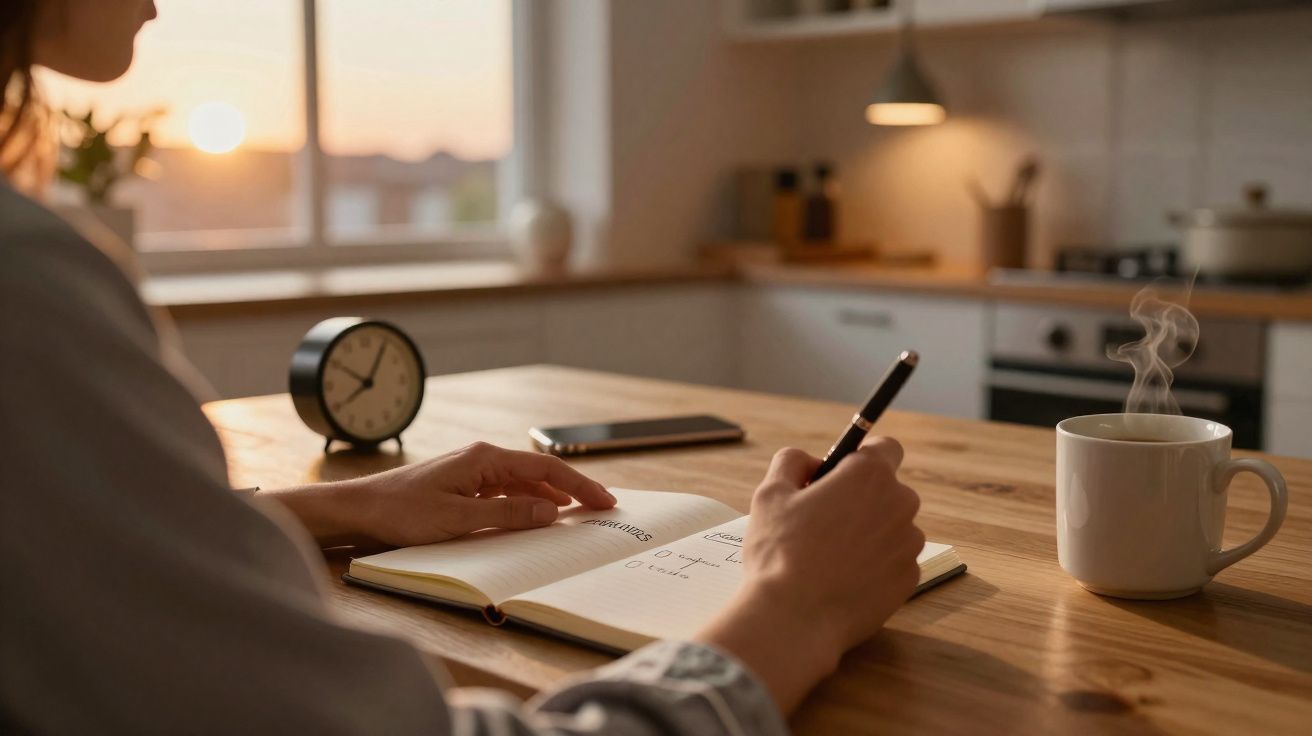 Pessoa a escrever num caderno numa cozinha iluminada pelo sol, com uma chávena de café quente e um relógio na mesa.