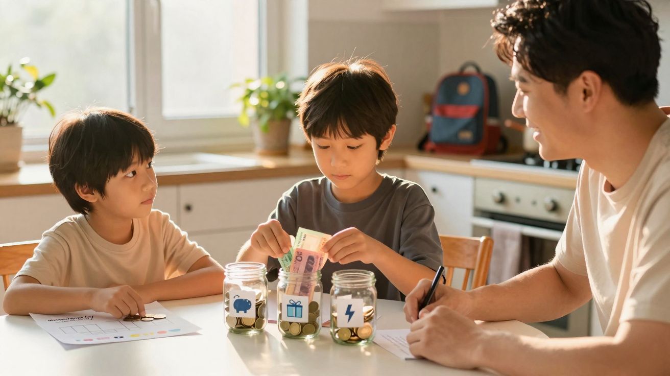 Pai e dois filhos organizam moedas e notas em frascos para poupar na cozinha iluminada.