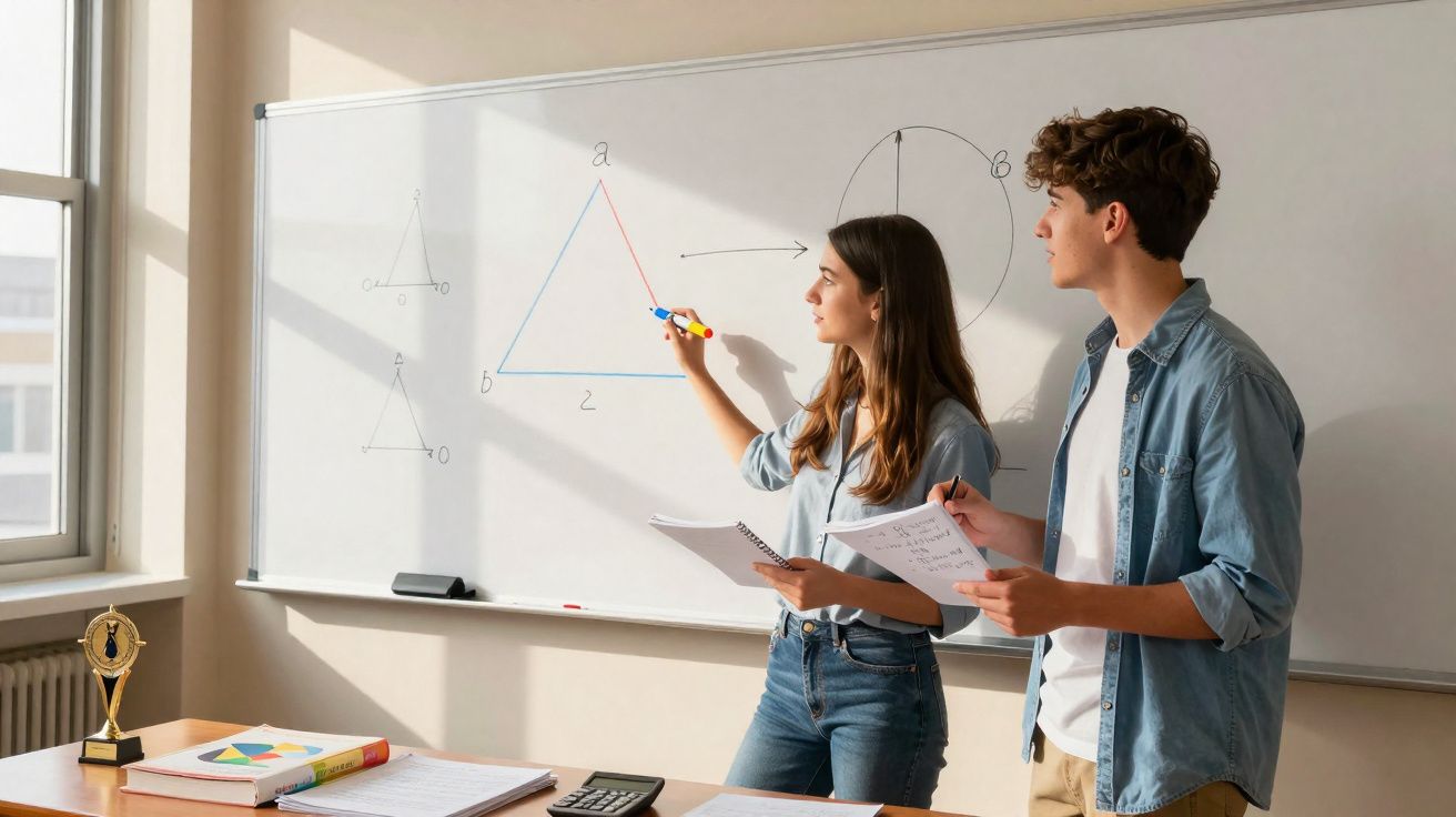 Dois estudantes junto a um quadro branco com desenhos geométricos, numa sala iluminada por luz natural.