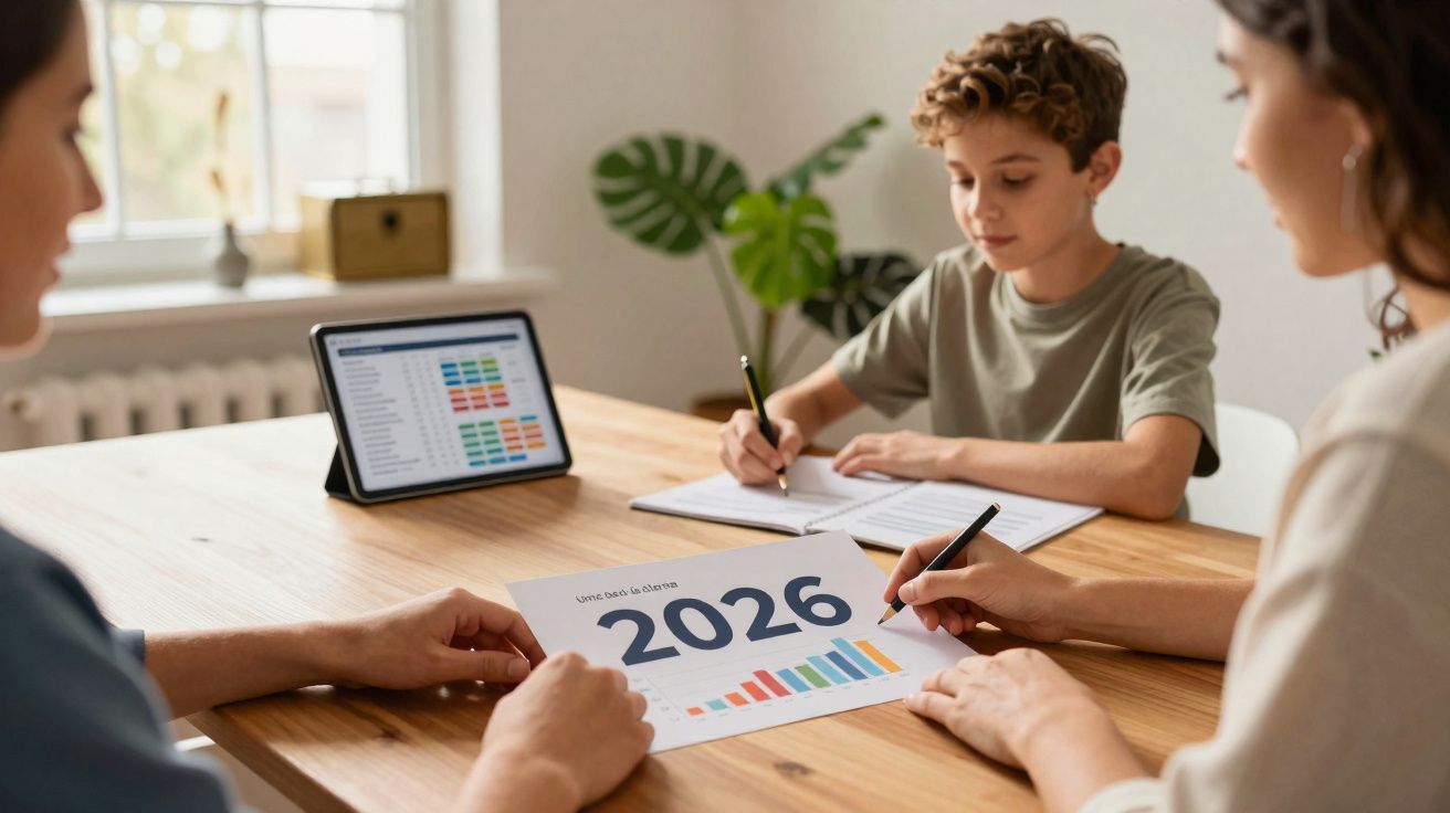 Duas pessoas e uma criança à mesa a analisar gráficos e planejar metas para 2026 num ambiente caseiro iluminado.