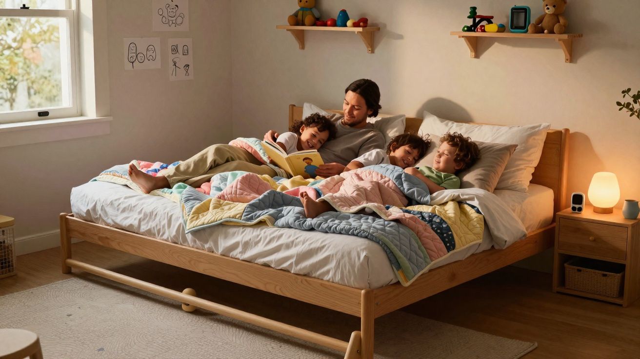 Adulto lendo livro para três crianças deitadas na cama num quarto acolhedor com brinquedos e abajur ligado.