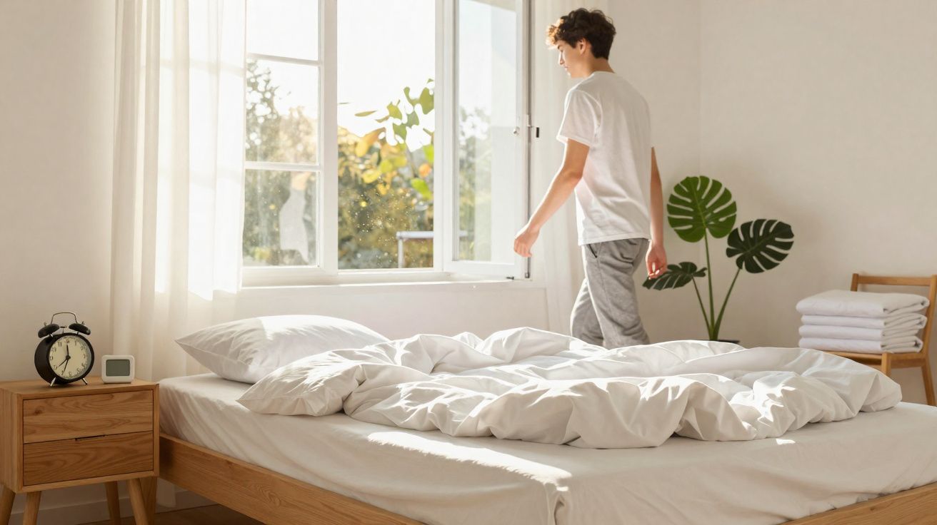Jovem abre a janela de um quarto minimalista com cama desfeita e luz solar a entrar.