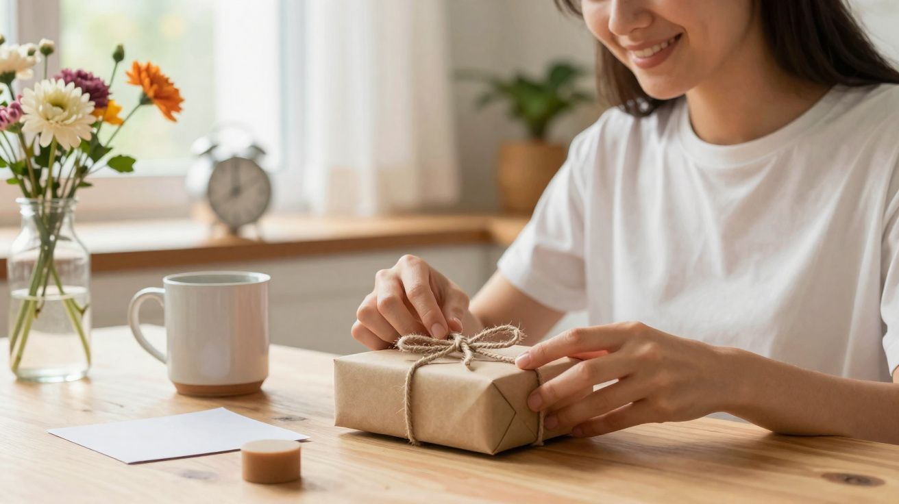 Mulher a desembrulhar um presente simples numa mesa com flores, caneca e carta.