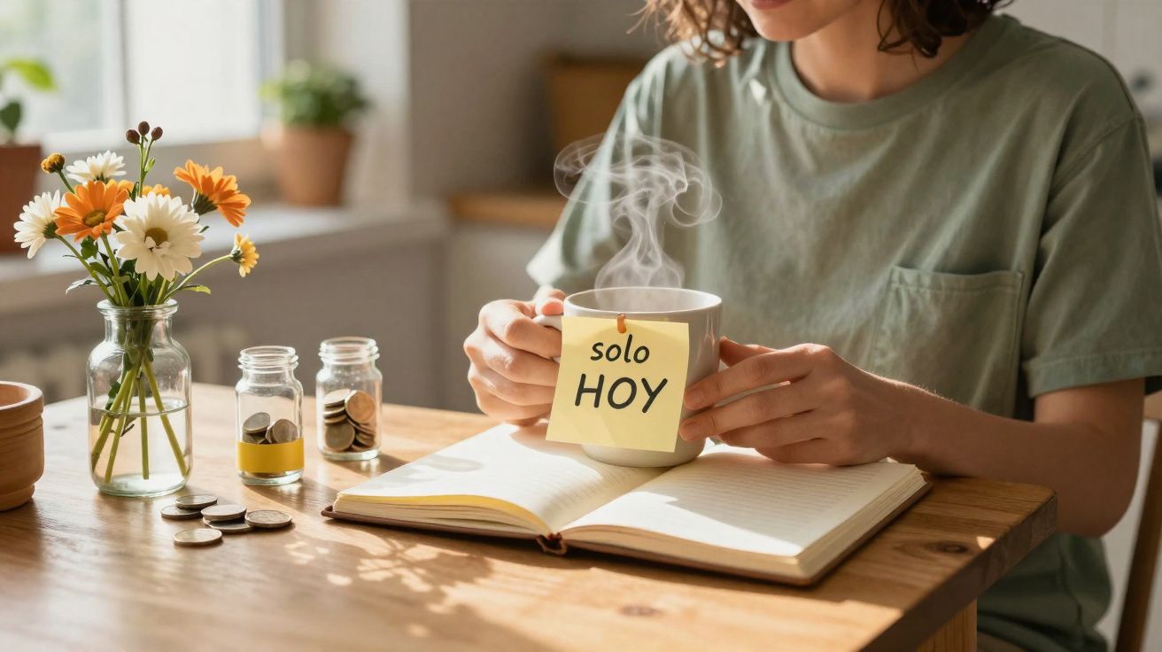 Pessoa segurando caneca com bilhete "solo HOY", caderno aberto e moedas numa mesa com flores num vaso.