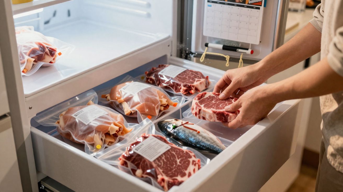 Pessoas a organizar carnes e peixe embalados a vácuo no congelador de casa.