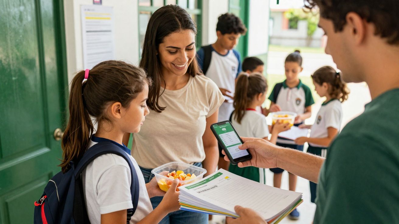 Mãe entrega lanche à filha enquanto professor verifica lista escolar no telemóvel numa escola com outros alunos.