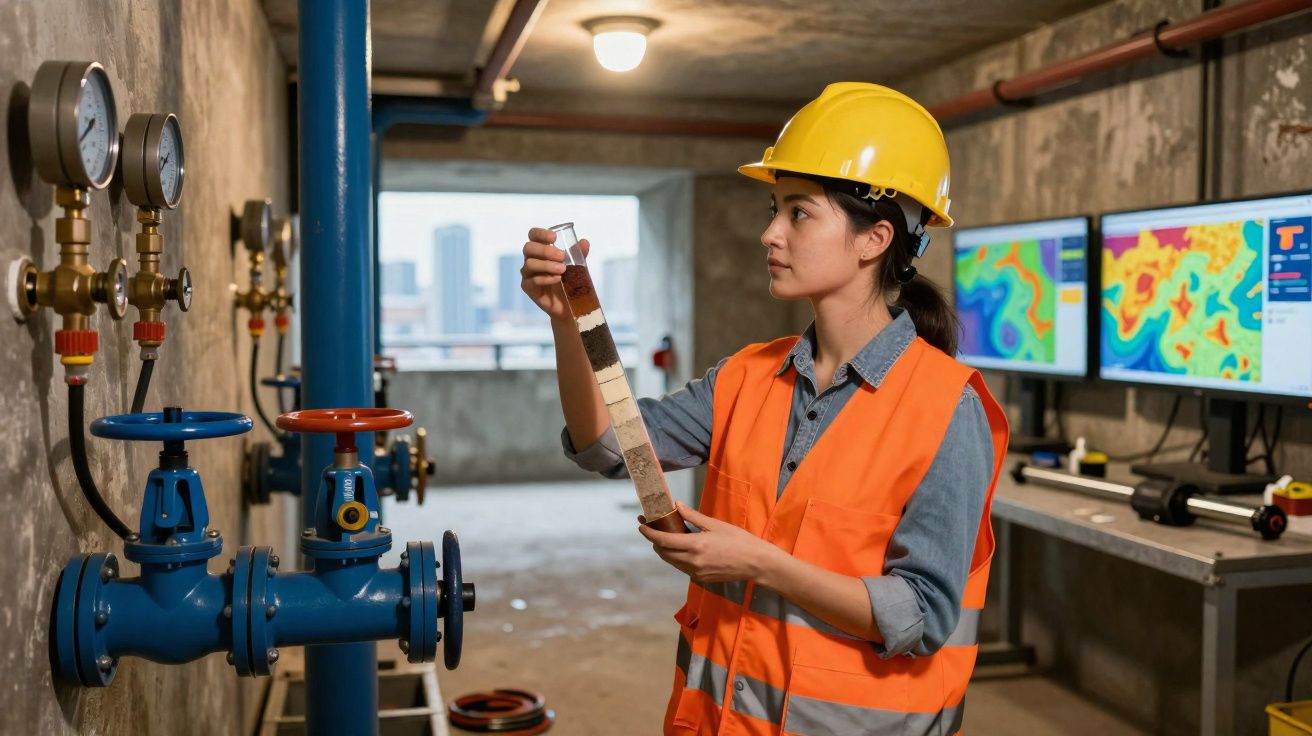 Mulher engenheira com capacete e colete de segurança analisa amostra de solo em laboratório industrial.