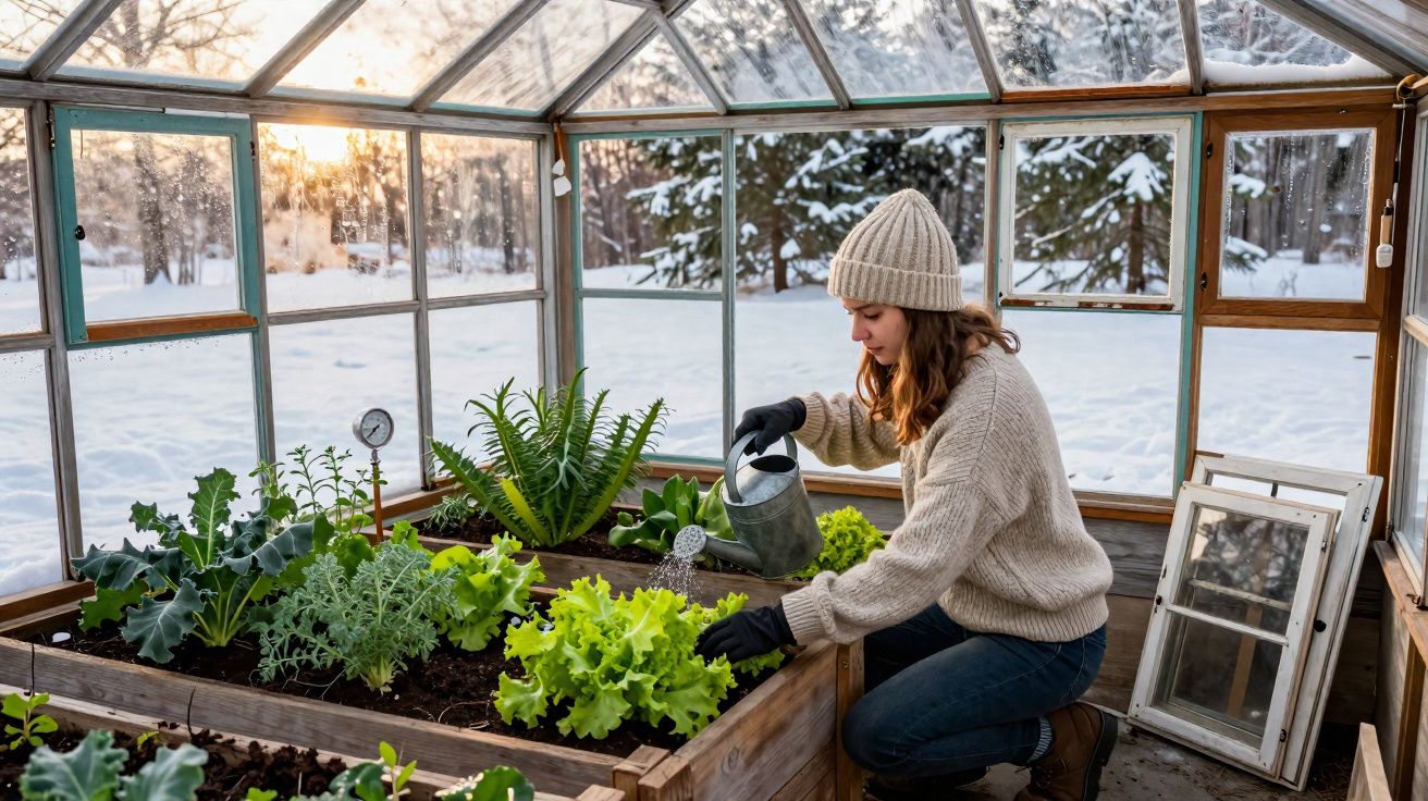 Mulher a regar plantas verdes numa estufa com neve visível lá fora ao pôr do sol.