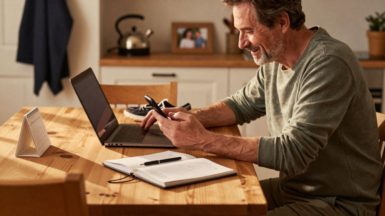 Homem sorridente a usar telemóvel e computador portátil numa mesa de madeira com caderno e calendário.