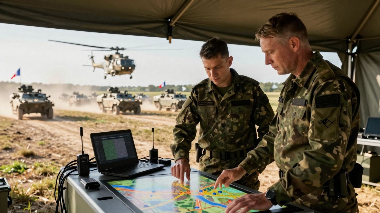 Dois militares em uniforme operam mapa digital numa tenda militar, com veículos blindados e helicóptero ao fundo.