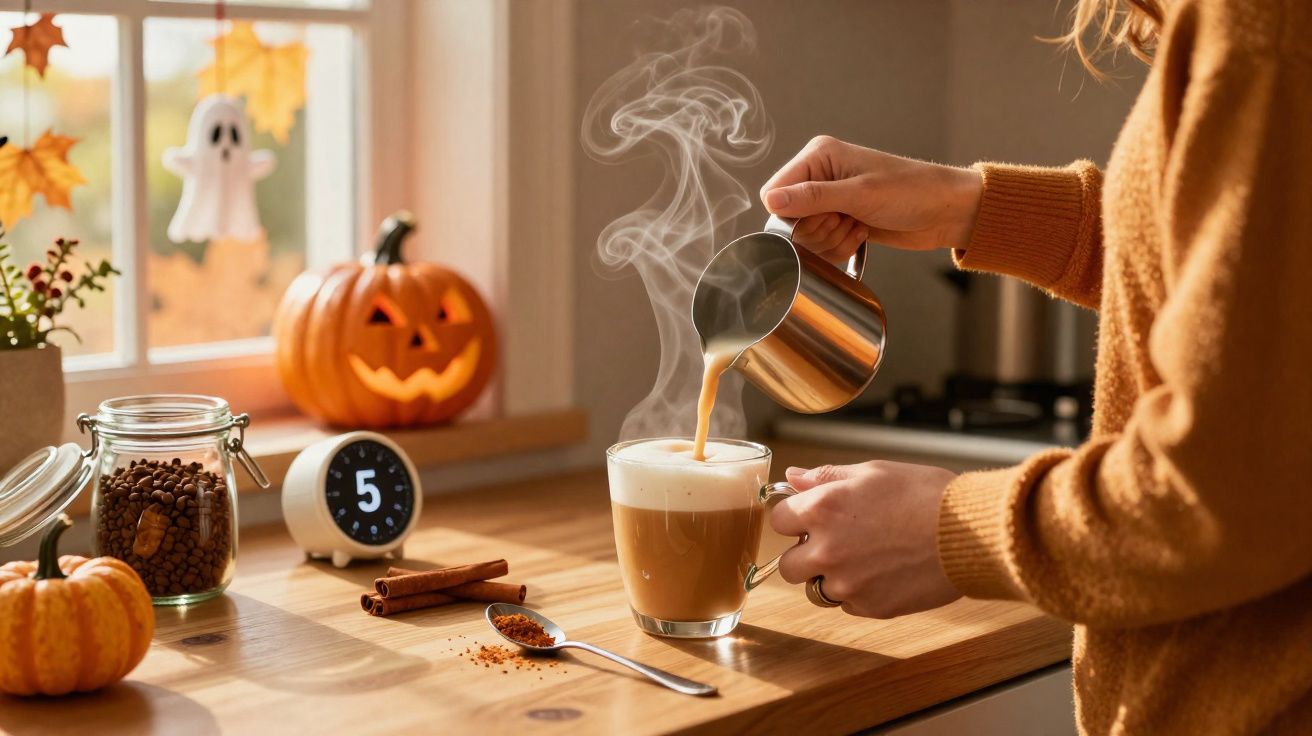 Pessoa a verter café com espuma numa caneca, decoração de Halloween com abóboras e folhas outonais na janela.