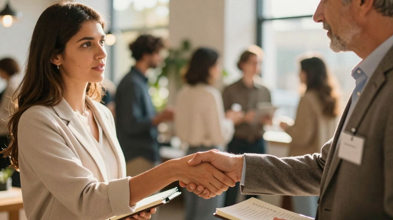 Duas pessoas a apertar as mãos num ambiente de escritório com outras pessoas a conversar ao fundo.