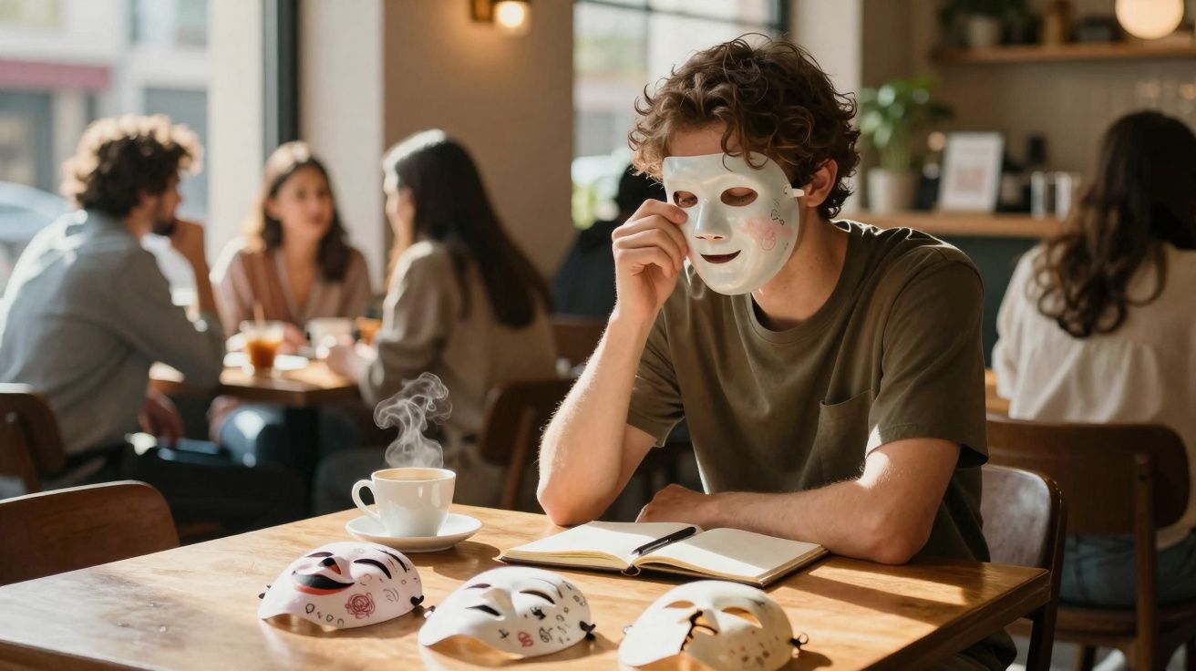 Homem jovem sentado num café com máscara branca no rosto, rodeado de outras máscaras sobre a mesa.