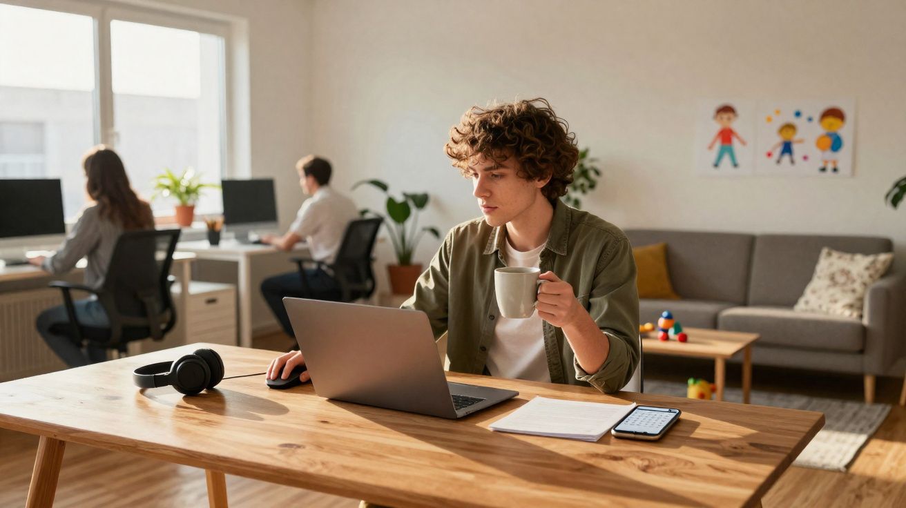 Jovem a beber café enquanto trabalha num portátil numa mesa de madeira num escritório com mais duas pessoas ao fundo.