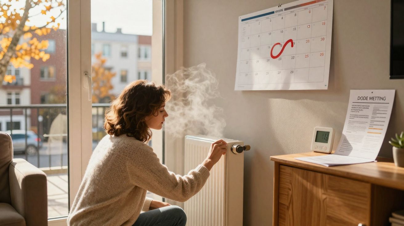 Mulher ajusta aquecedor num quarto iluminado pelo sol com calendário e documentos na parede.