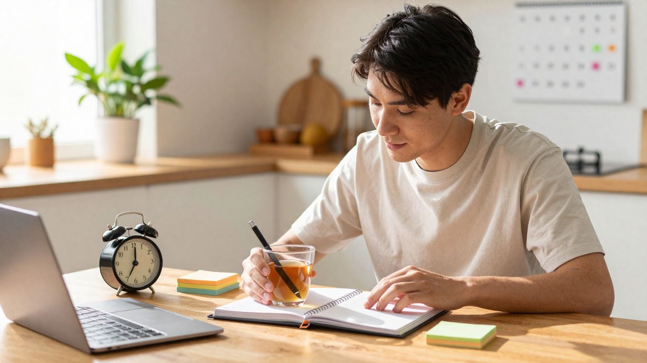 Jovem sentado à mesa com chá, a escrever em caderno com portátil e despertador à sua frente numa cozinha.