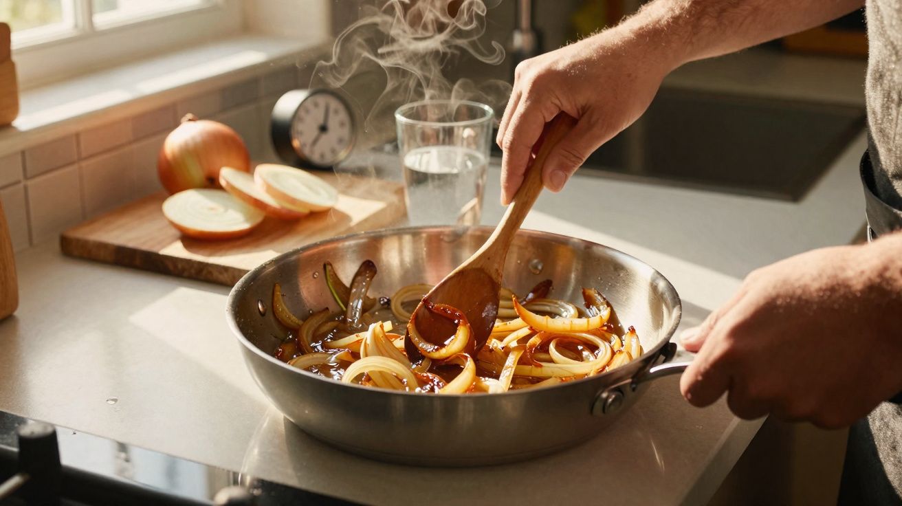 Pessoa a cozinhar cebola em tiras numa frigideira metálica numa cozinha iluminada pelo sol.