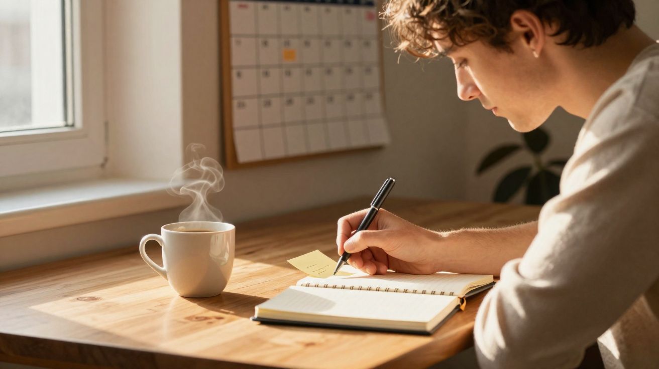 Pessoa a escrever num caderno numa mesa de madeira com chá quente e calendário na parede.