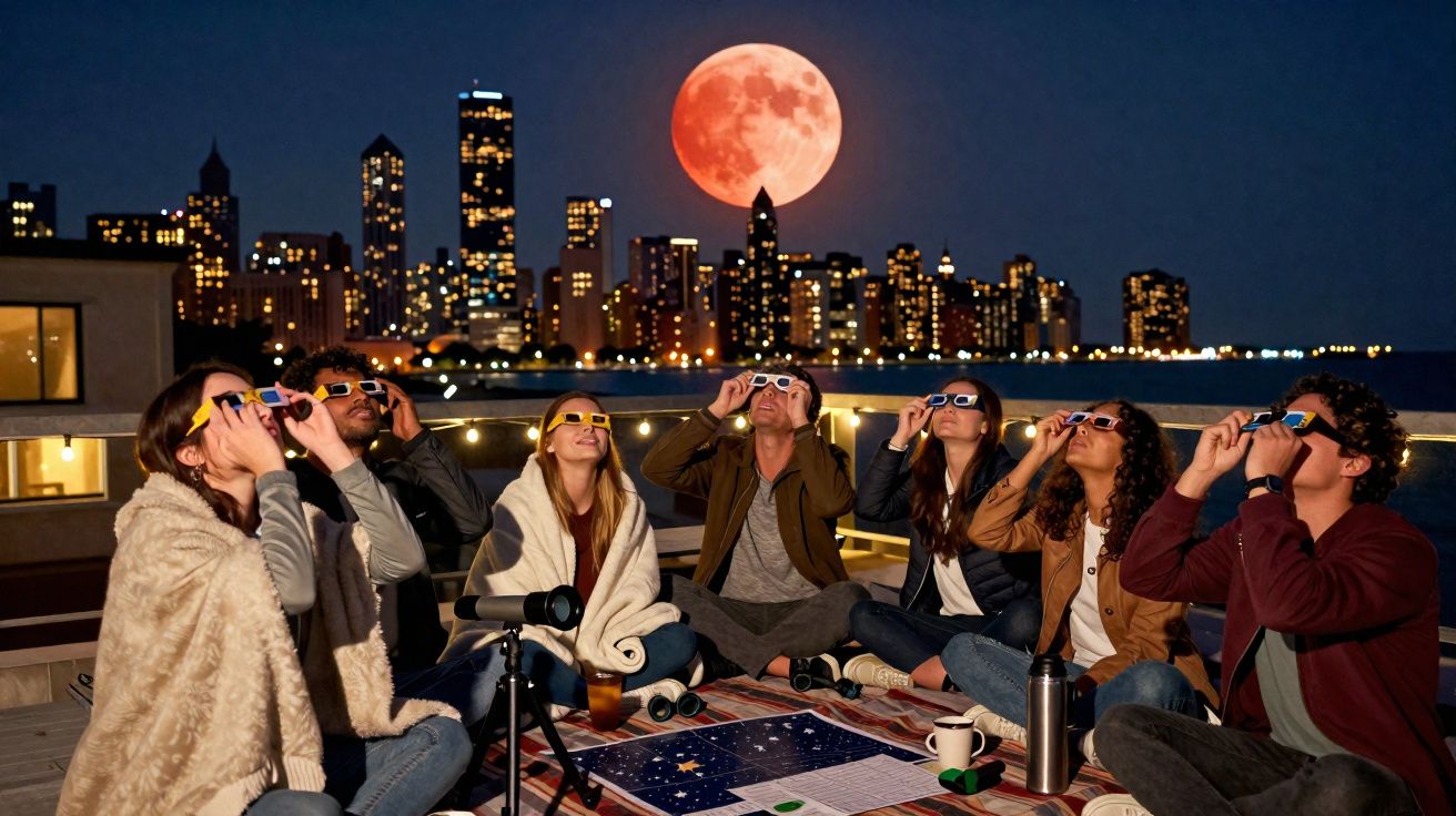 Grupo de pessoas a observar o céu noturno com óculos especiais e cidade iluminada ao fundo com lua cheia.