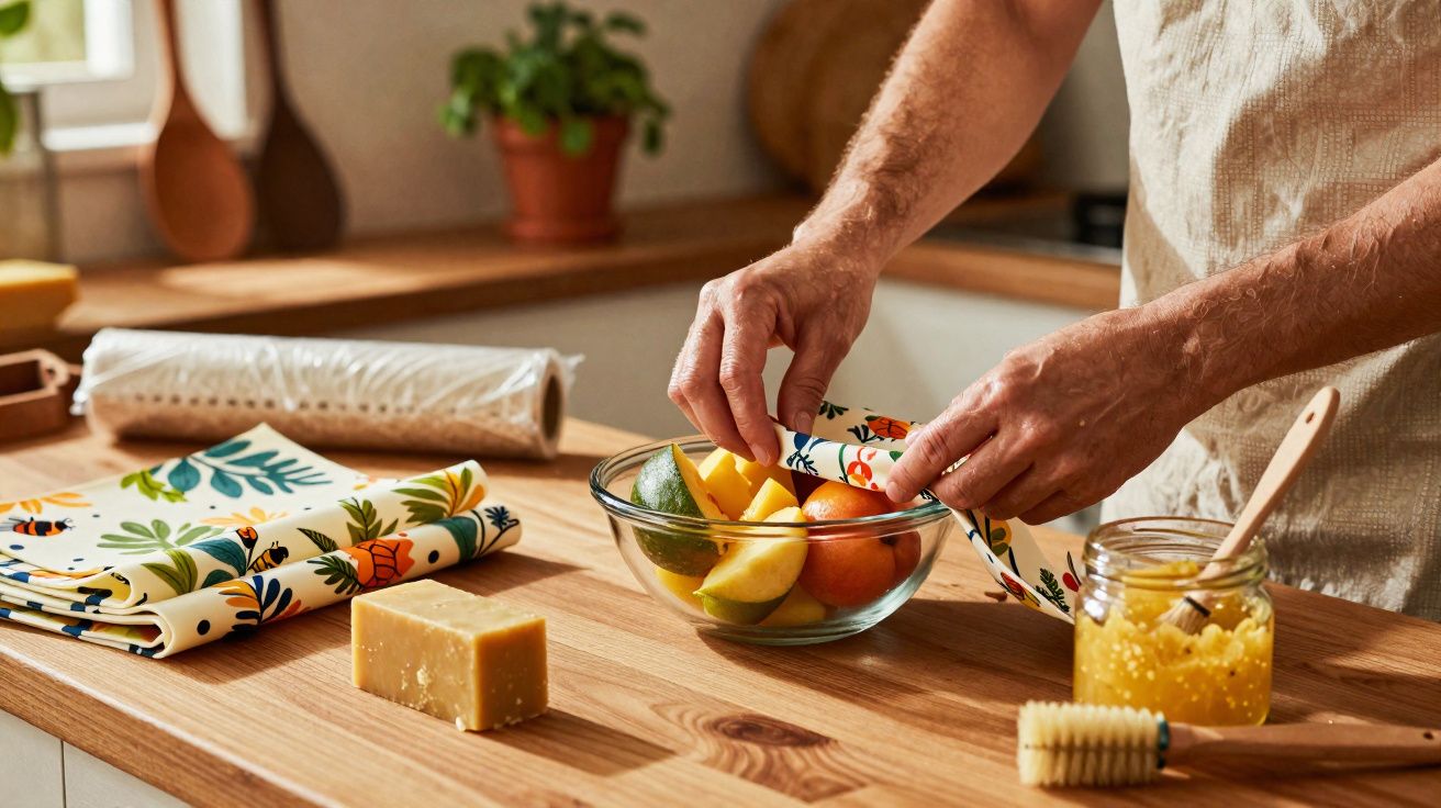 Pessoa a envolver frutas numa taça com película reutilizável floral numa cozinha iluminada.